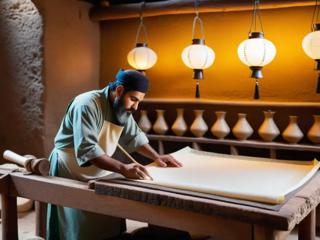 Artesanos árabes en taller de fabricación de papel, influencia árabe en fabricación papel, ambiente cálido y tradicional