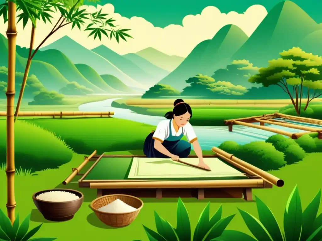 Artesanos asiáticos crean papel a mano en un paisaje sereno, capturando la evolución del papel en Asia
