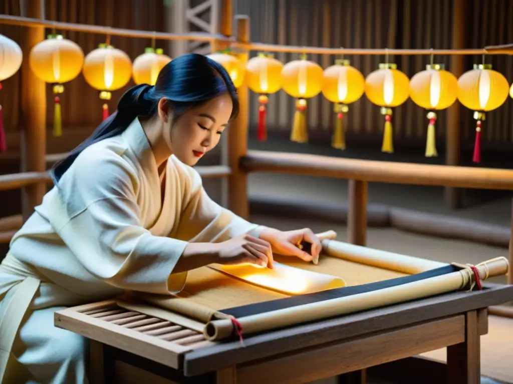 Artesanos chinos elaborando papel a mano con fibras naturales bajo la luz suave de linternas tradicionales, mostrando la sostenibilidad en la antigua China