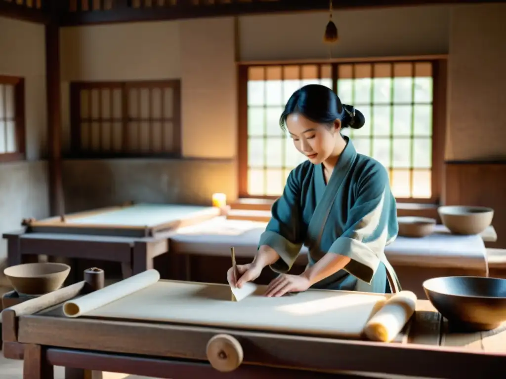 Artesanos chinos elaboran papel a mano en un taller tradicional, evolución del papel en China