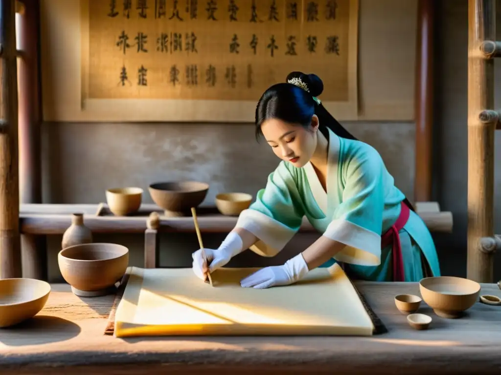 Artesanos chinos elaborando papel a mano en un taller iluminado por linternas, con herramientas y ropa tradicional