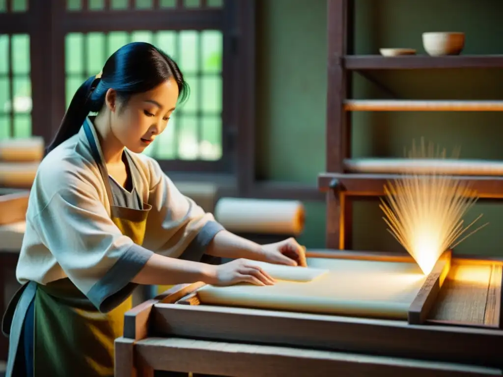 Artesanos chinos elaborando papel a mano en un taller tradicional, iluminado con suave luz natural