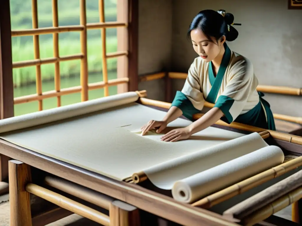 Artesanos chinos elaborando papel a mano con métodos tradicionales, mostrando la historia y el arte del papel como bastión hackeo digital