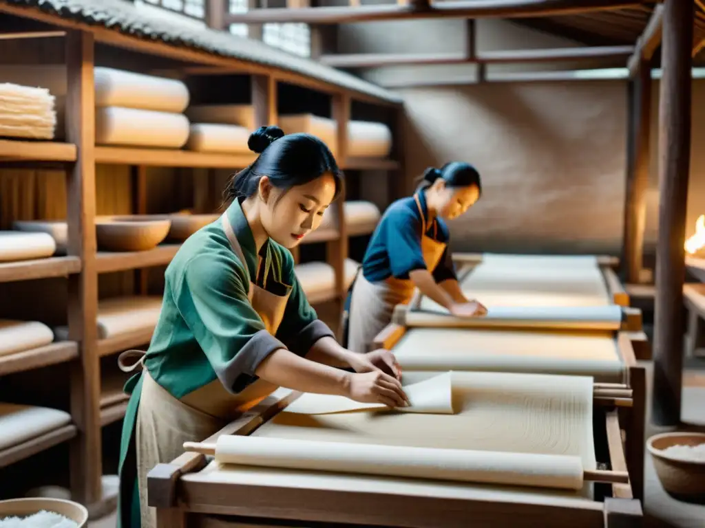 Artesanos chinos elaborando papel a mano con técnicas ancestrales, envueltos en la historia de la fabricación del papel