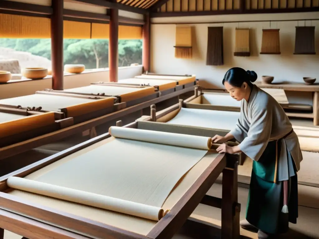 Artesanos chinos elaborando papel a mano con técnicas ancestrales, evocando tradición y destreza en la evolución del papel en la revolución