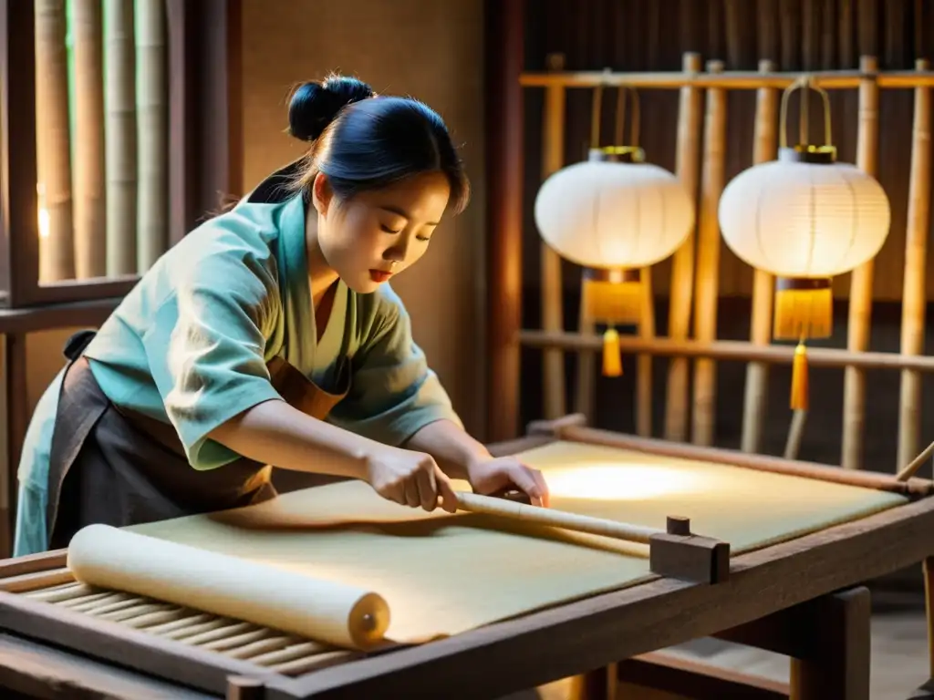 Artesanos chinos elaborando papel a mano en un taller tradicional, con una atmósfera cálida y llena de historia: evolución del papel en China