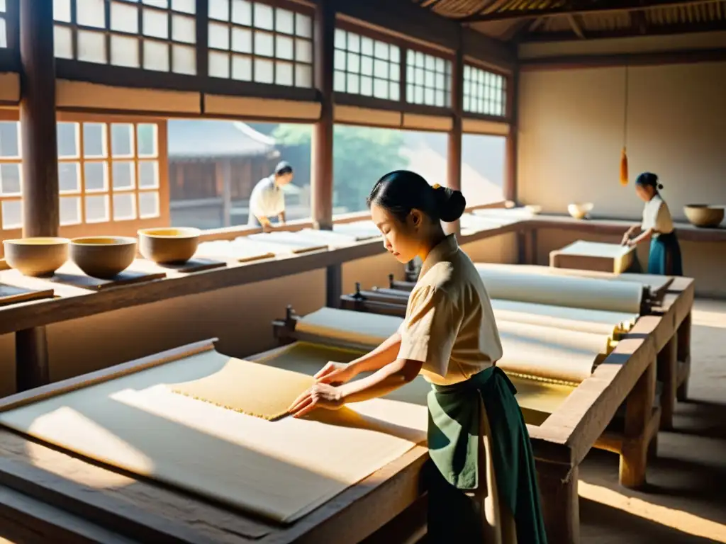 Artesanos chinos elaborando papel en un taller antiguo, mostrando la evolución del papel en la historia con métodos tradicionales y detallados