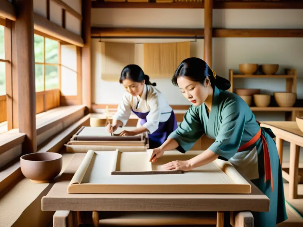 Artesanos coreanos elaborando papel de corteza de morera, resaltando la importancia histórica de la fabricación de papel en Corea