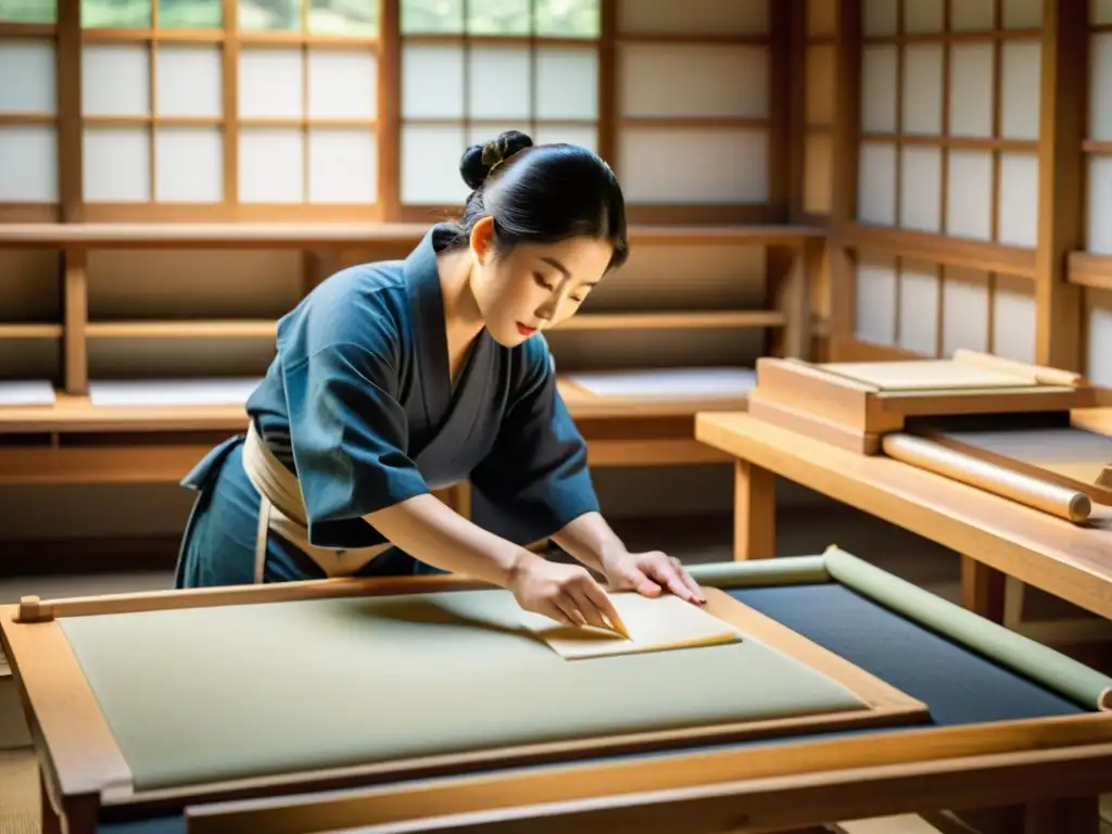 Artesanos japoneses crean papel washi con delicadeza, rodeados de herramientas vintage