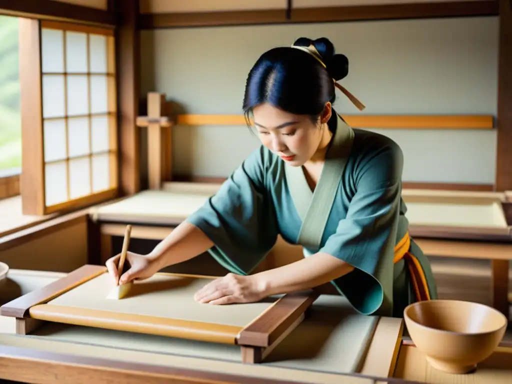 Artesanos japoneses crean papel washi con técnica ancestral en un taller tradicional, evocando arte contemporáneo