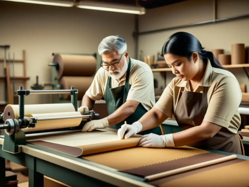 Artesanos preparando papel de calidad en litografía, evocando la artesanía atemporal