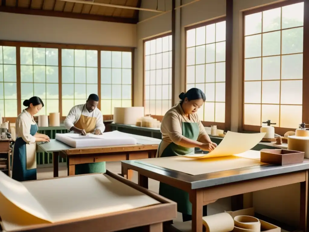 Artesanos fabricando cuidadosamente papel grueso y texturizado en un taller vintage