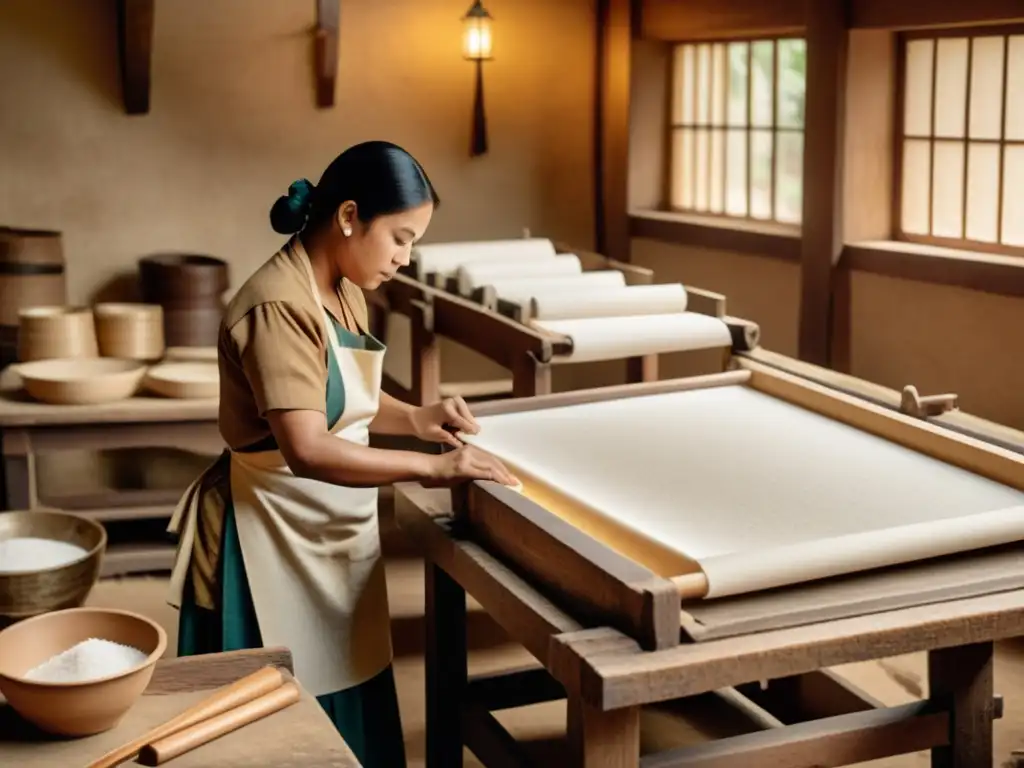 Artesanos crean papel hecho a mano tradicional en taller vintage, evocando nostalgia y tradiciones