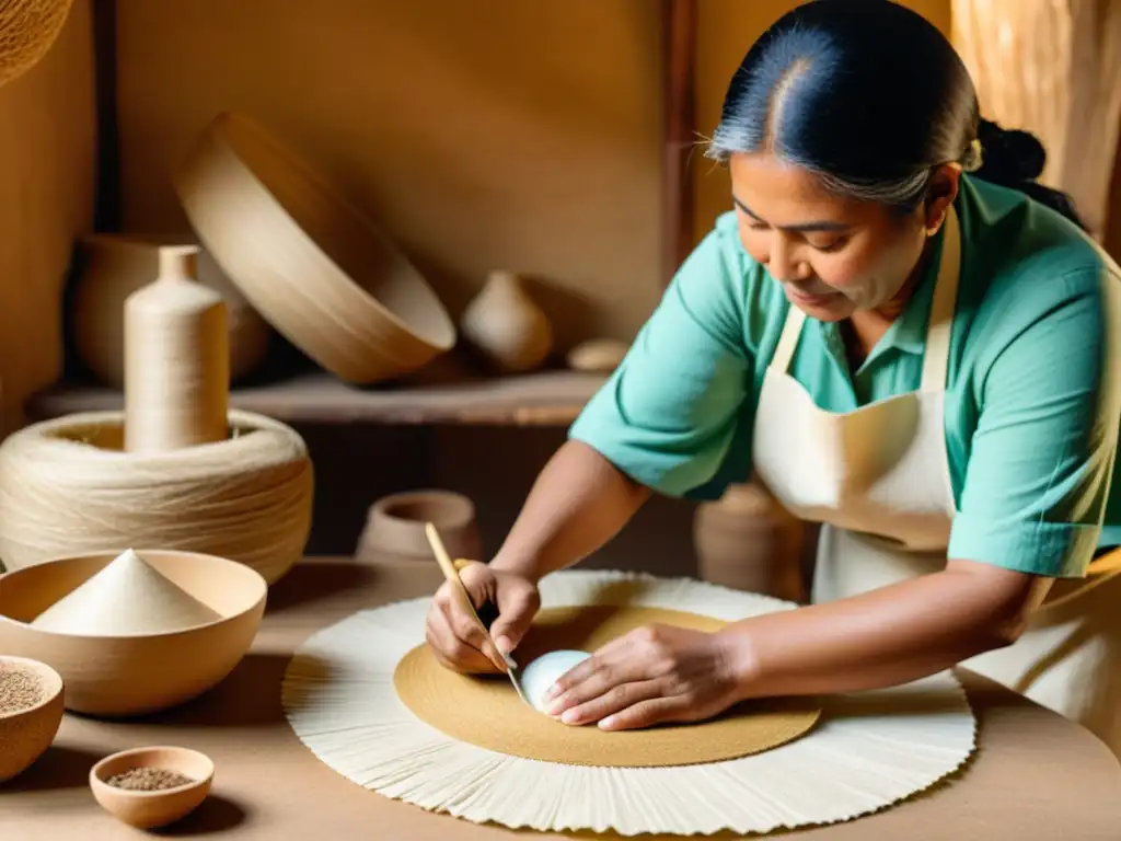 Artesanos crean papel maché con métodos tradicionales, rodeados de materiales naturales