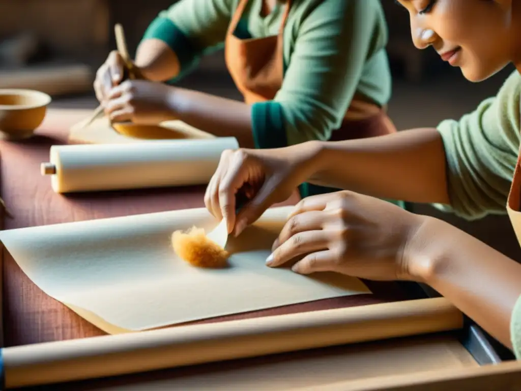 Artesanos creando papel a mano con métodos tradicionales, evocando tradiciones y destreza artesanal