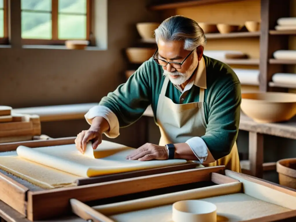 Artesanos elaborando papel a mano en un taller tradicional, con luz natural y ambiente creativo