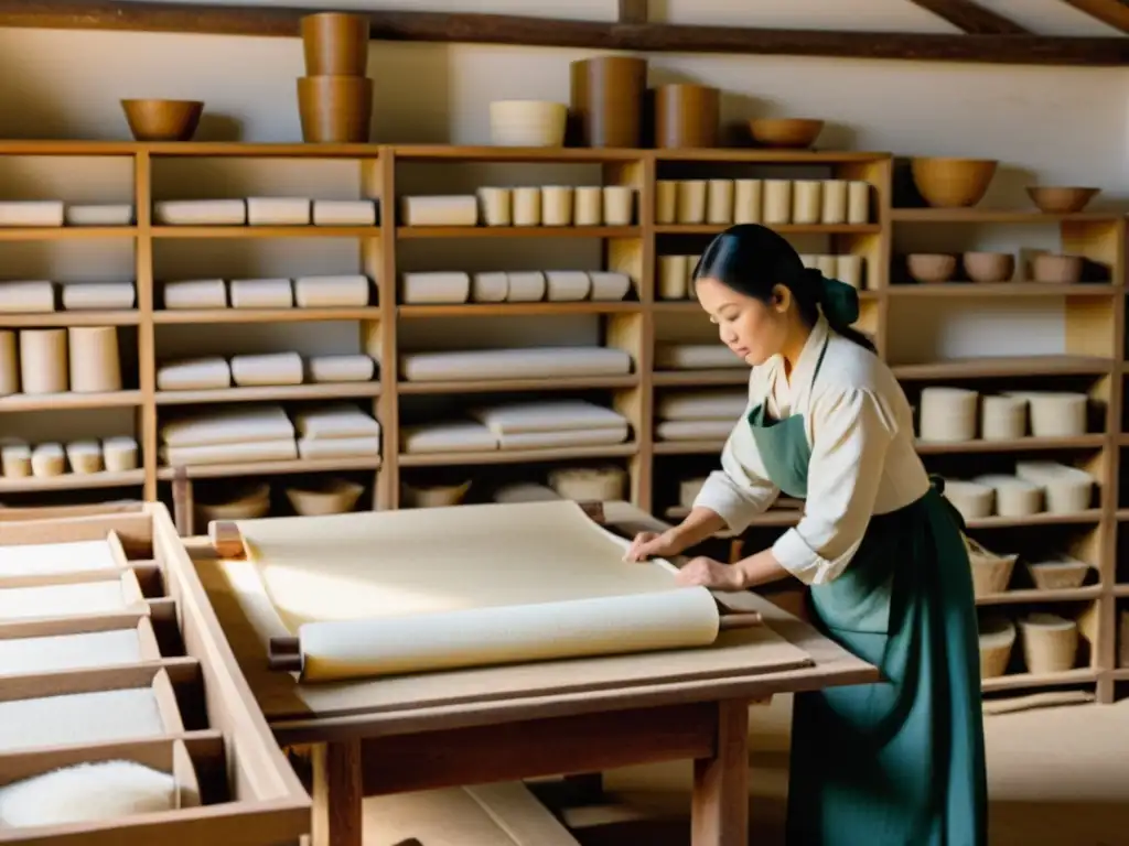 Artesanos elaborando papel a mano en un taller tradicional, evocando la evolución del papel en la historia