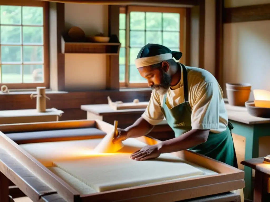 Artesanos elaborando papel a mano en un taller vintage, con iluminación cálida y herramientas rústicas