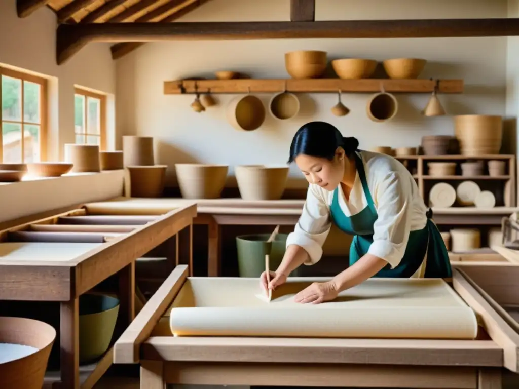 Artesanos del papel: tradición y maestría en una antigua fábrica Artesanos crean papel a mano con técnicas ancestrales en un taller rústico de madera