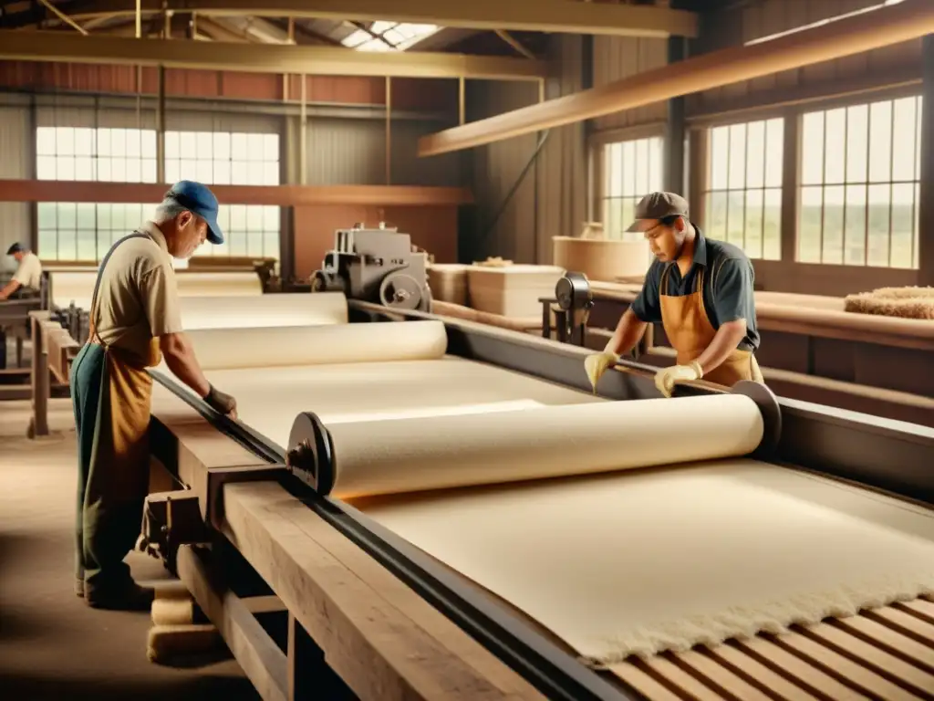 Artesanos elaborando papel a mano en una tradicional fábrica de papel, evocando nostalgia y preservación de lenguas y papel