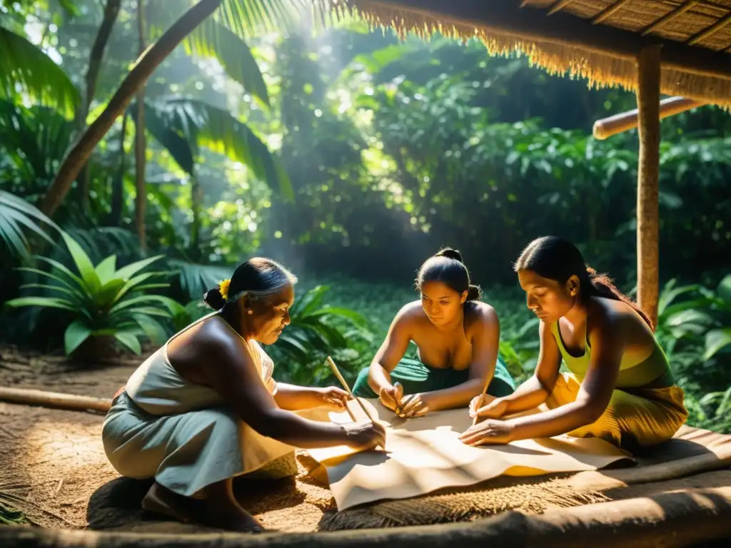 Artesanos creando papel amate en la selva, reflejando la resistencia cultural y la conexión con la naturaleza