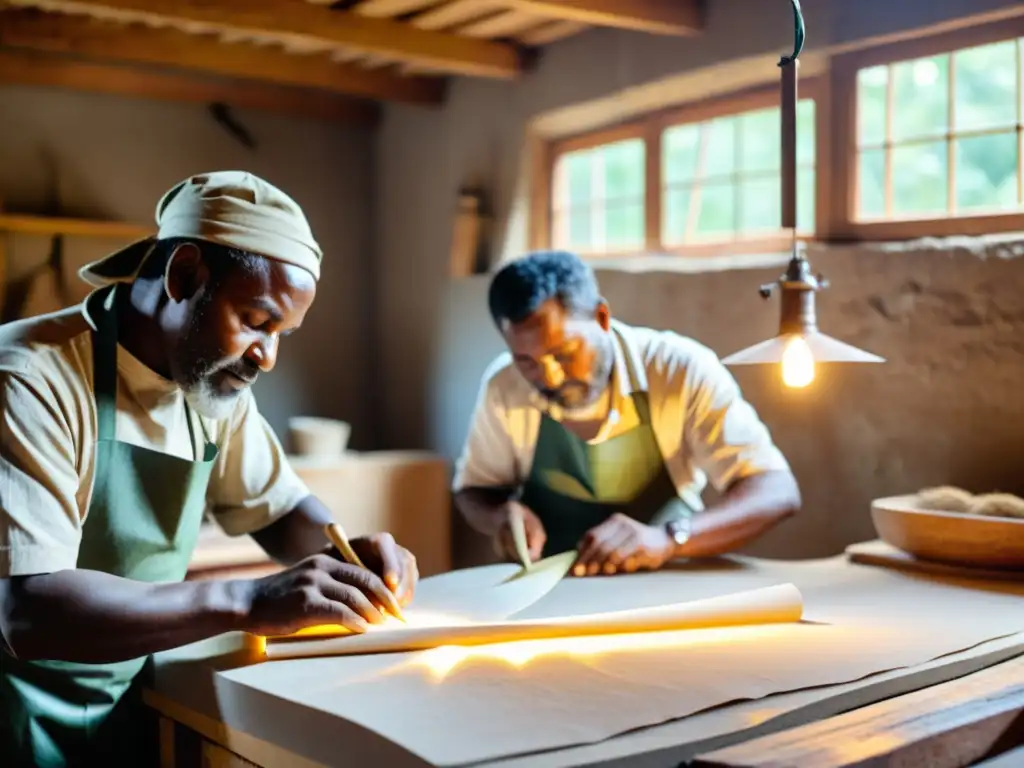 Artesanos creando papel sostenible en comunidad, con luz del sol iluminando su taller rústico