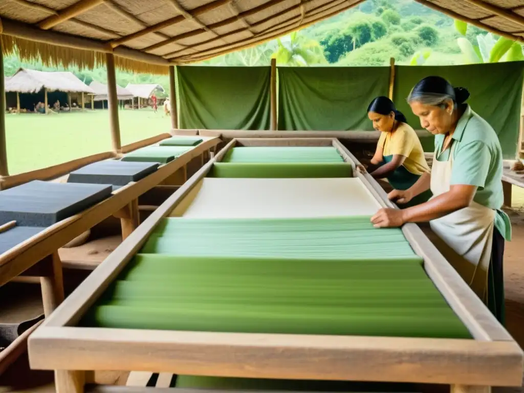 Artesanos crean papel amate con técnicas tradicionales en un taller rodeado de naturaleza