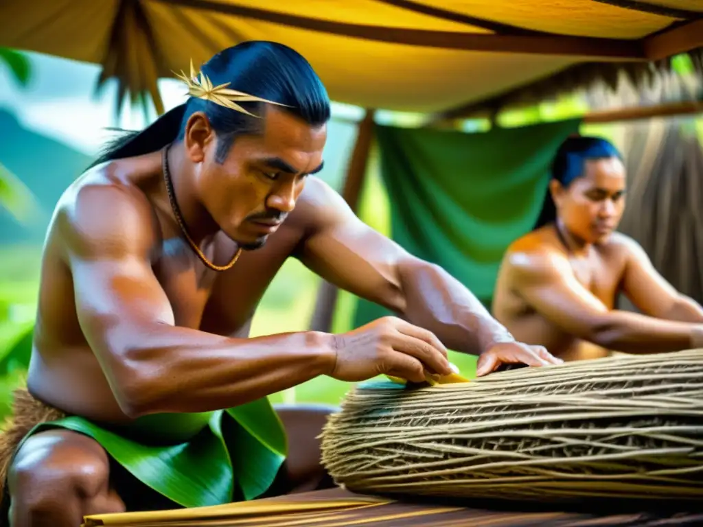 Artesanos polinesios creando papel barkcloth tradicional, mostrando el proceso detallado de fabricación en una fotografía vintage de alta resolución