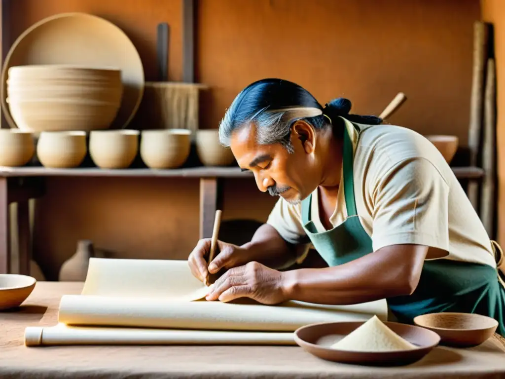 Artesanos prehispánicos fabricando papel con técnicas tradicionales en un taller rústico