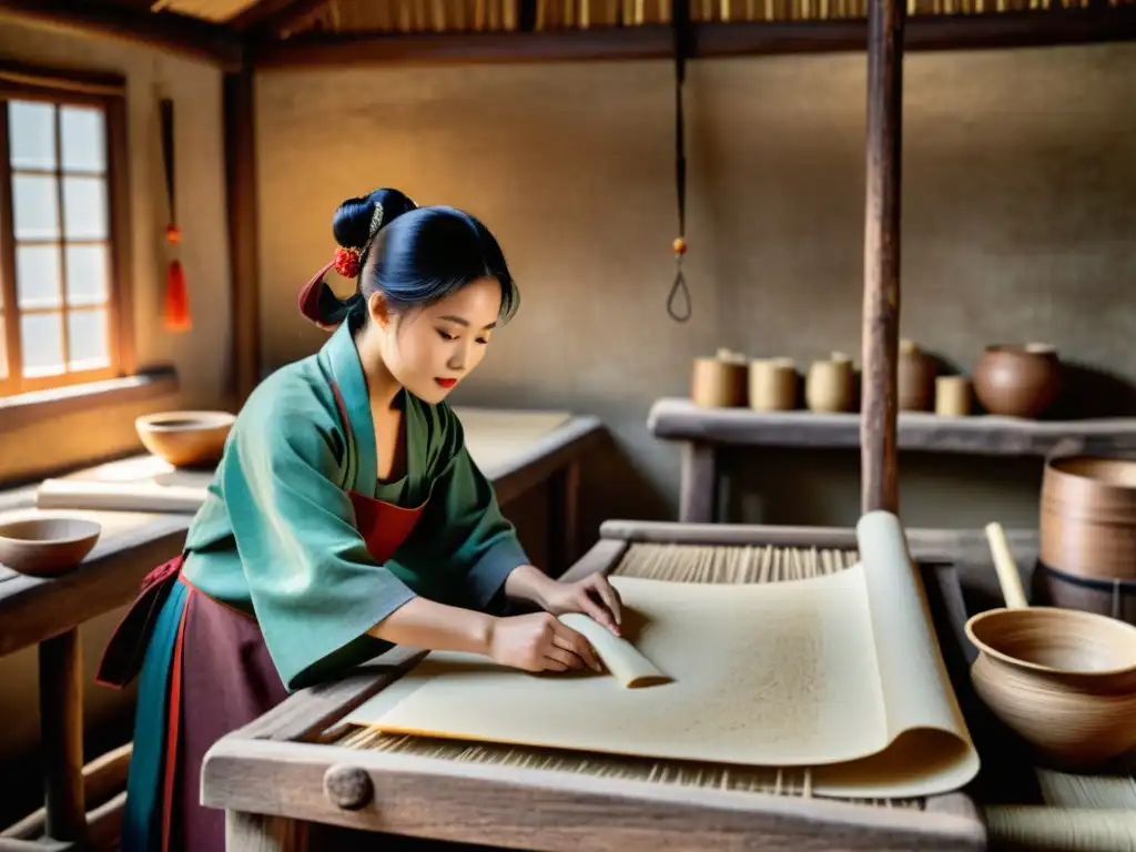 Artesanos en ropa tradicional fabrican papel de corteza de morera con técnicas antiguas en un taller rústico de China