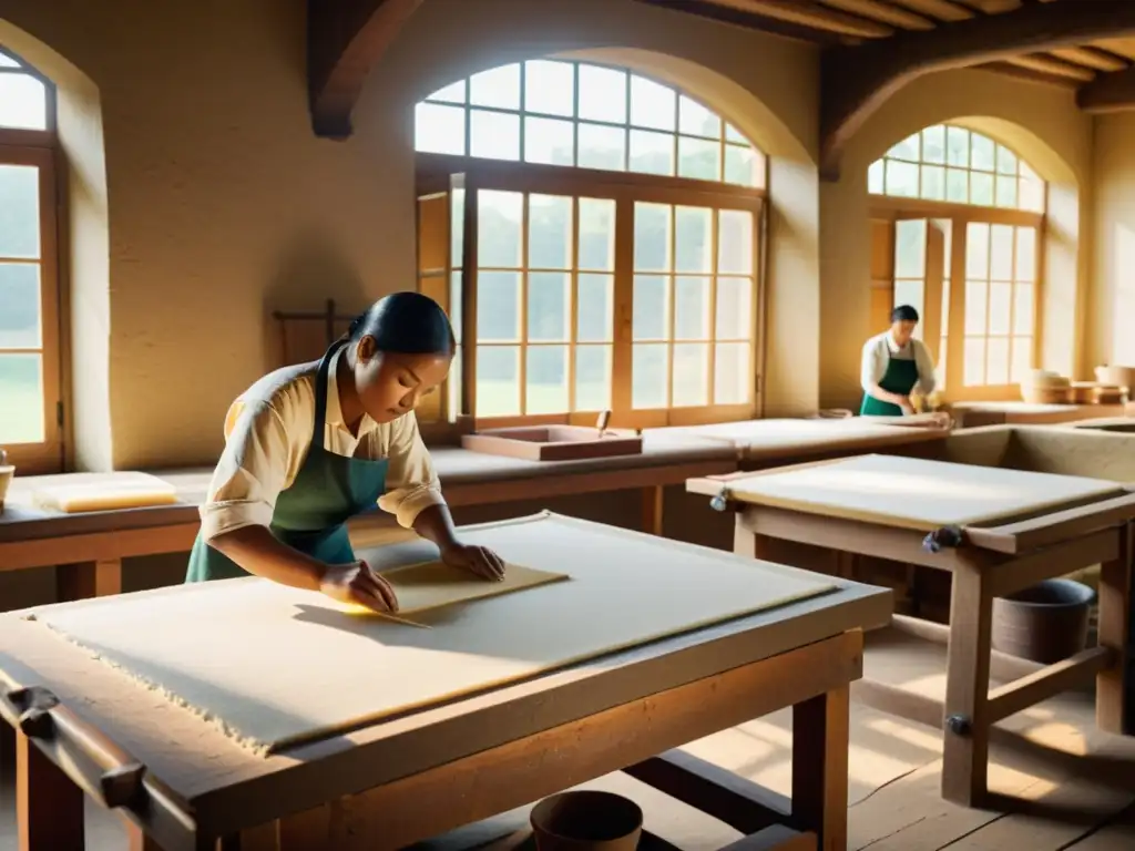 Artesanos en taller de papel antiguo, reflejando la evolución del papel en la cultura a través de métodos tradicionales