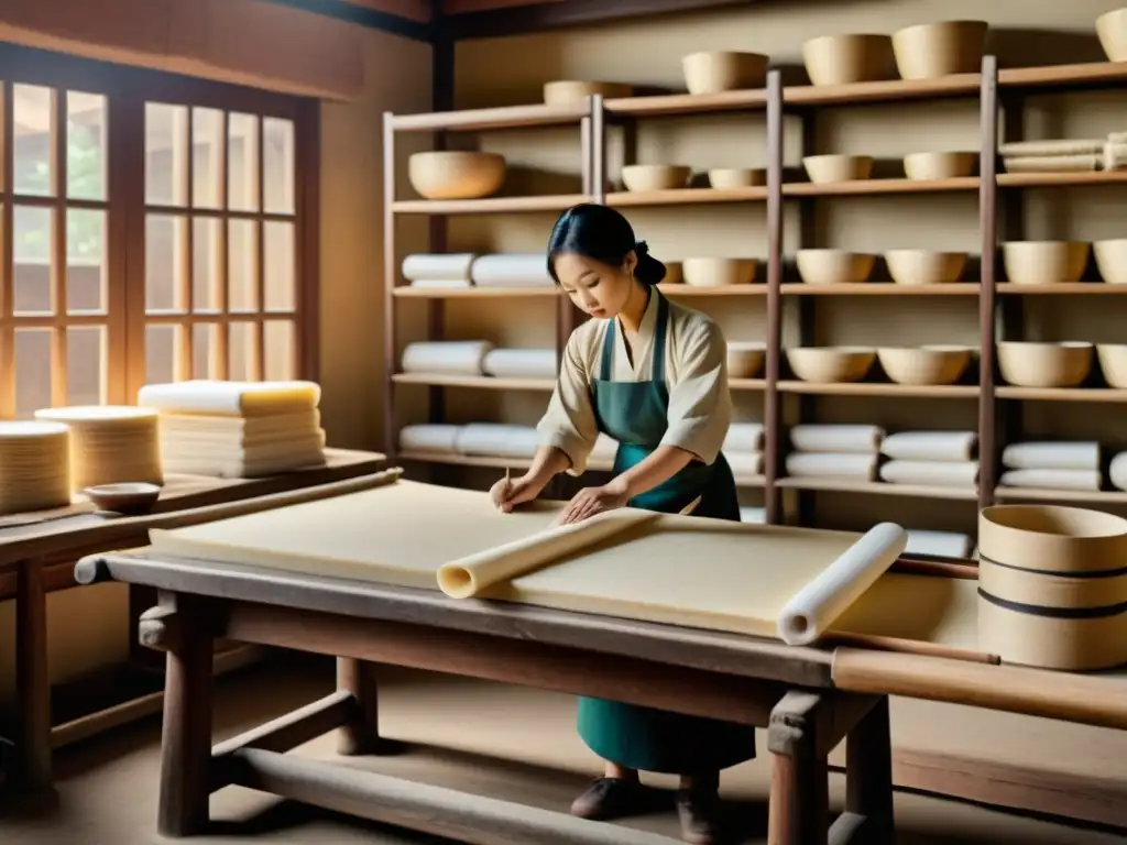 Artesanos en taller de papel antiguo chino, con maquinaria de madera y rollos de papel hechos a mano, evocando historia y destreza en tonos cálidos