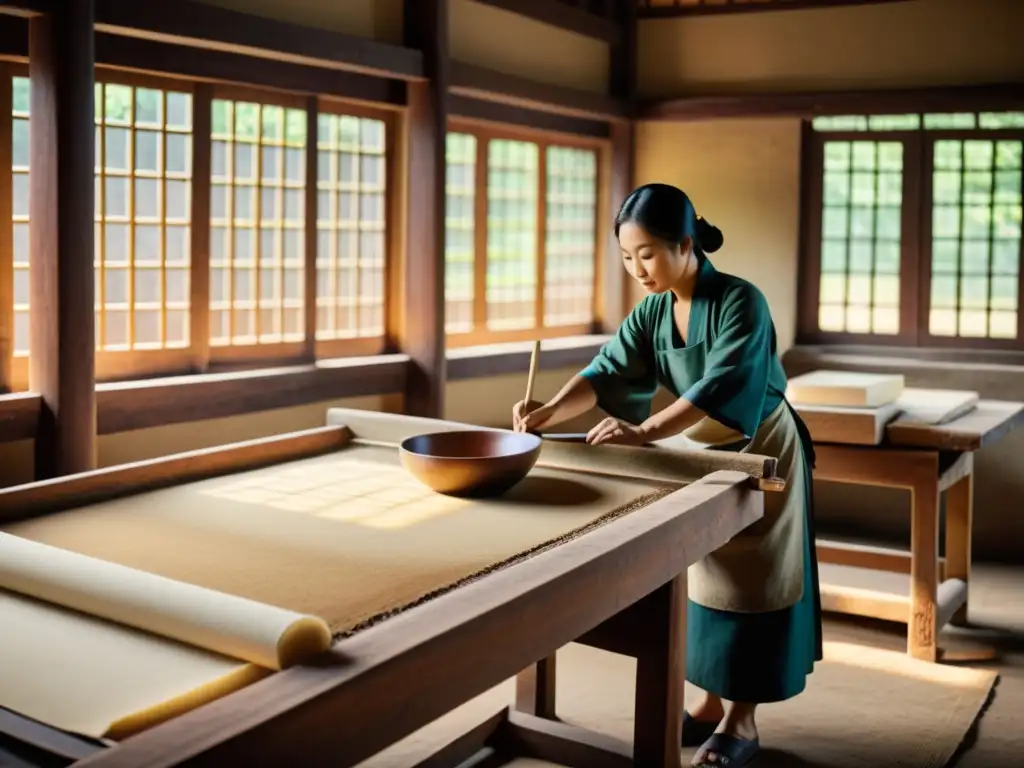 Artesanos en taller de papel chino antiguo, mostrando la evolución del papel en la historia