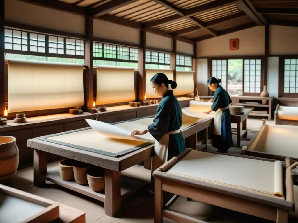 Artesanos en taller de papel tradicional chino, minimizando desperdicio con antiguas técnicas