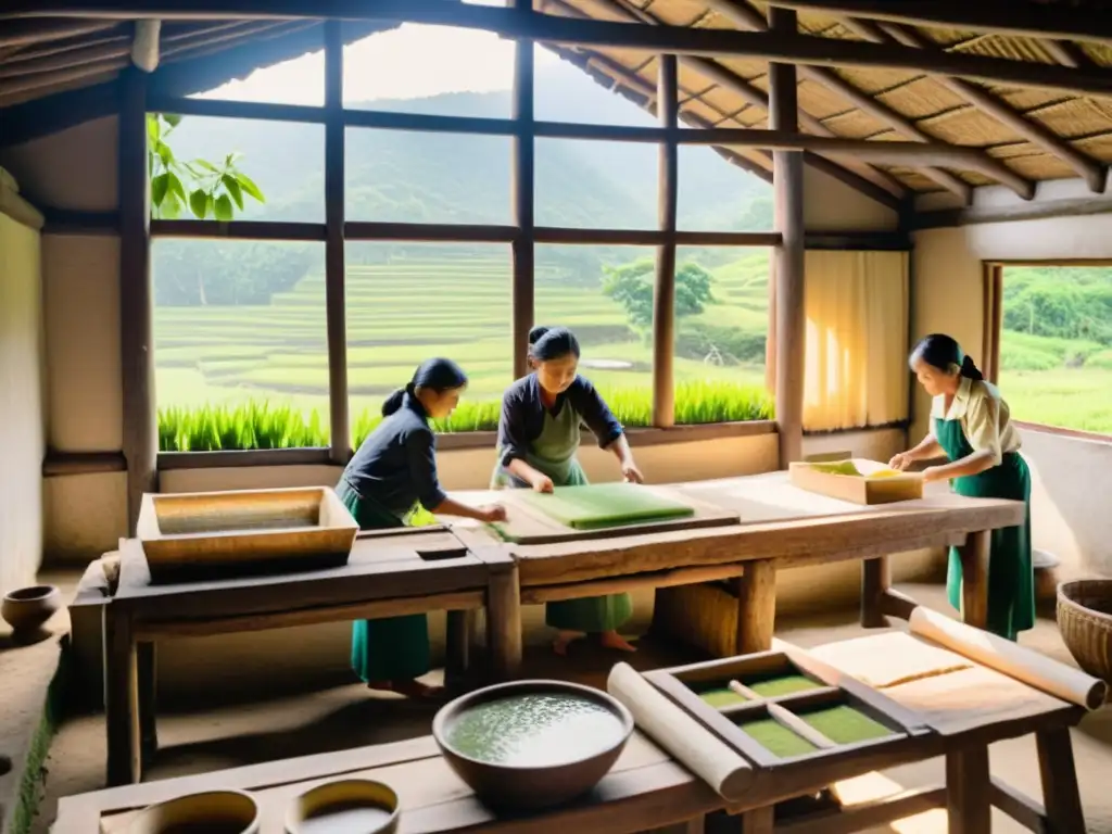 Artesanos en taller tradicional asiático, evolución técnicas fabricación papel, rodeados de exuberante vegetación