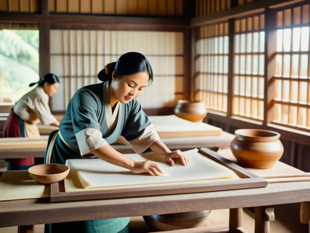 Artisanos asiáticos elaborando papel a mano en un taller tradicional, evocando la evolución del papel en Asia