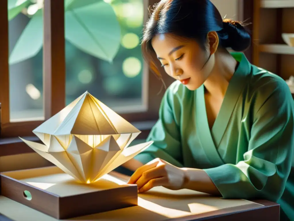 Un artista chino crea una escultura de origami con papel de arroz, iluminado por la cálida luz del sol