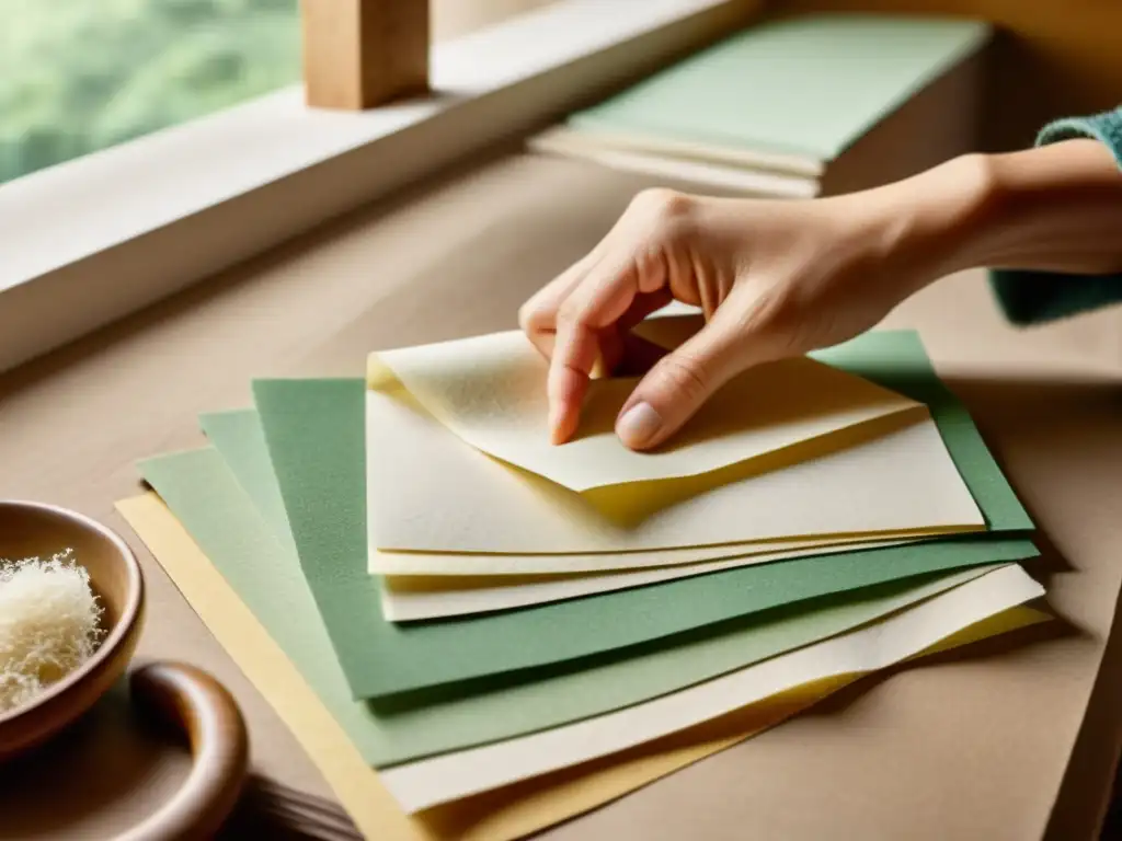 Un artista selecciona con cuidado papel artesanal, resaltando la importancia de la selección del papel en el proceso artístico