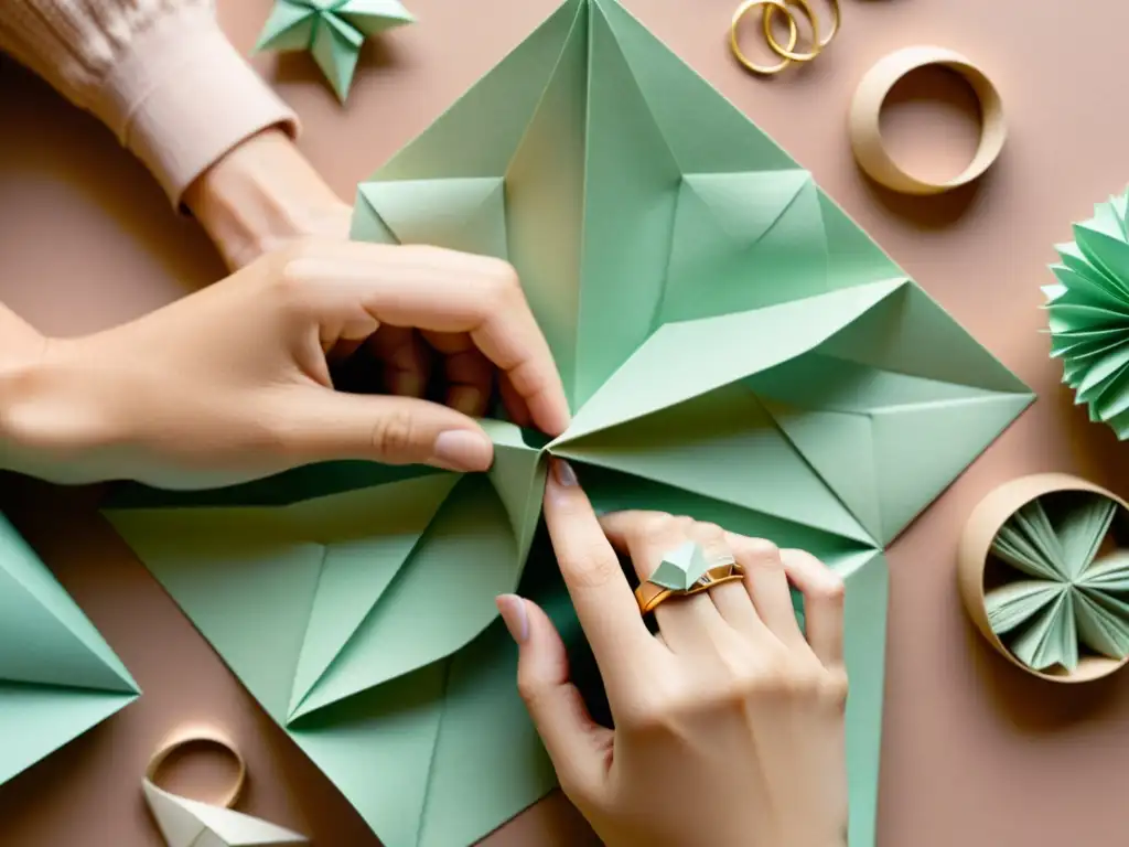 Un artista moldea con cuidado papel reciclado en origamis