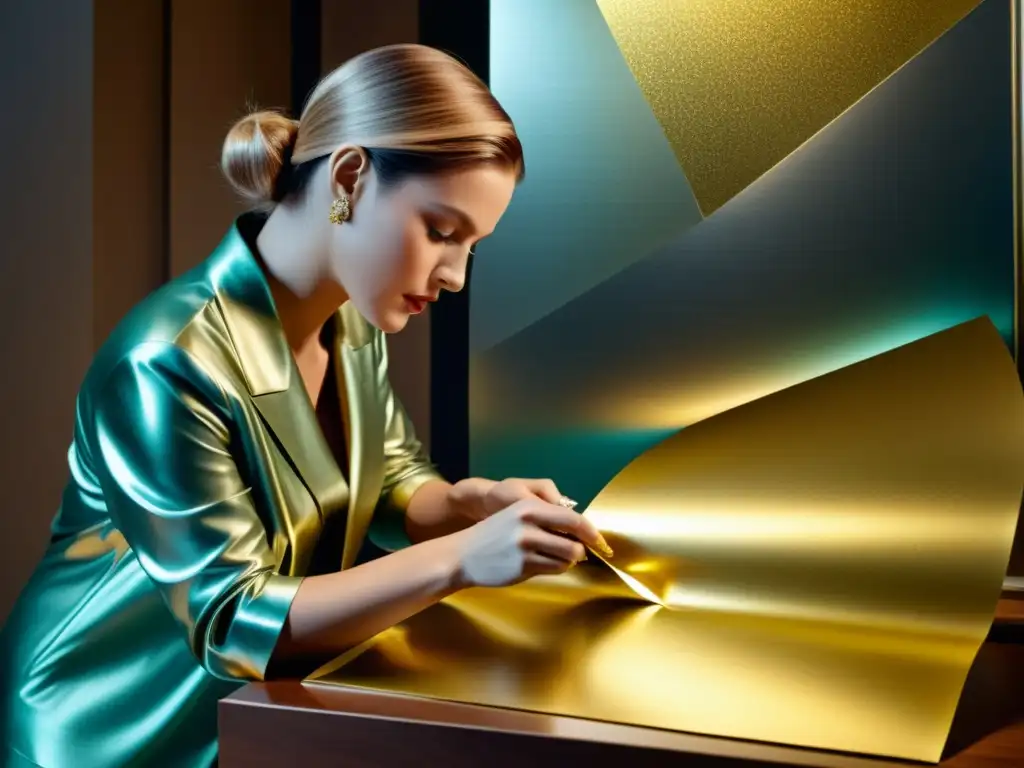 Ilustración detallada de un artista aplicando meticulosamente papel metálico a una obra de arte, captando el brillo y glamour del papel metálico Artista aplicando con cuidado papeles metalizados en arte, capturando el brillo y la elegancia del papel al reflejar la luz