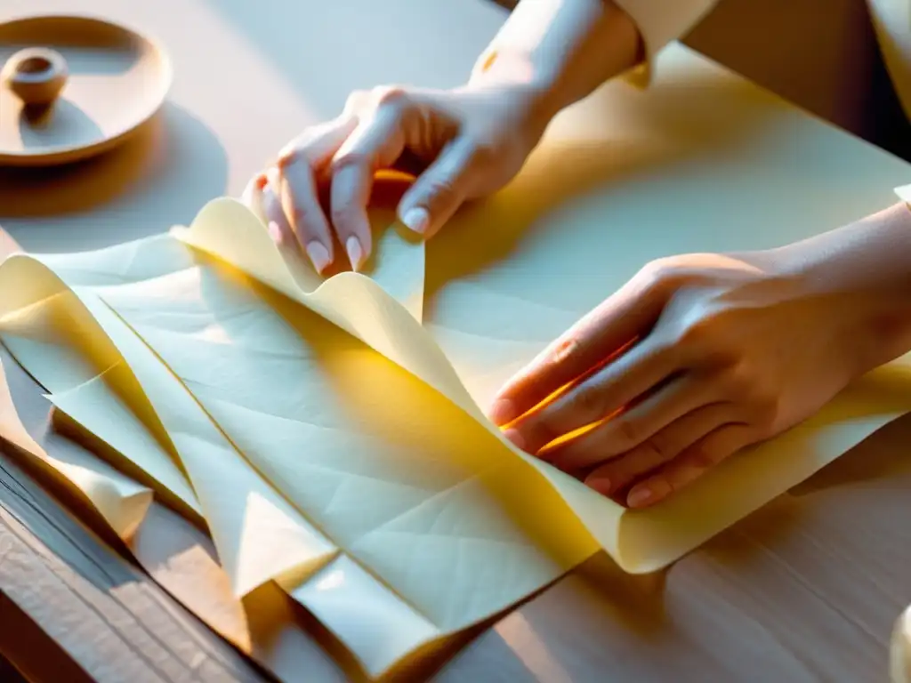 Un artista moldea con destreza hojas de papel artesanal, creando formas orgánicas en un ambiente etéreo