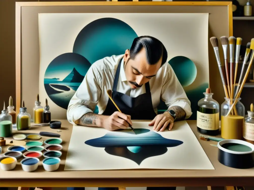 Un artista pintando meticulosamente una escena surrealista en papel, rodeado de suministros de arte tradicionales