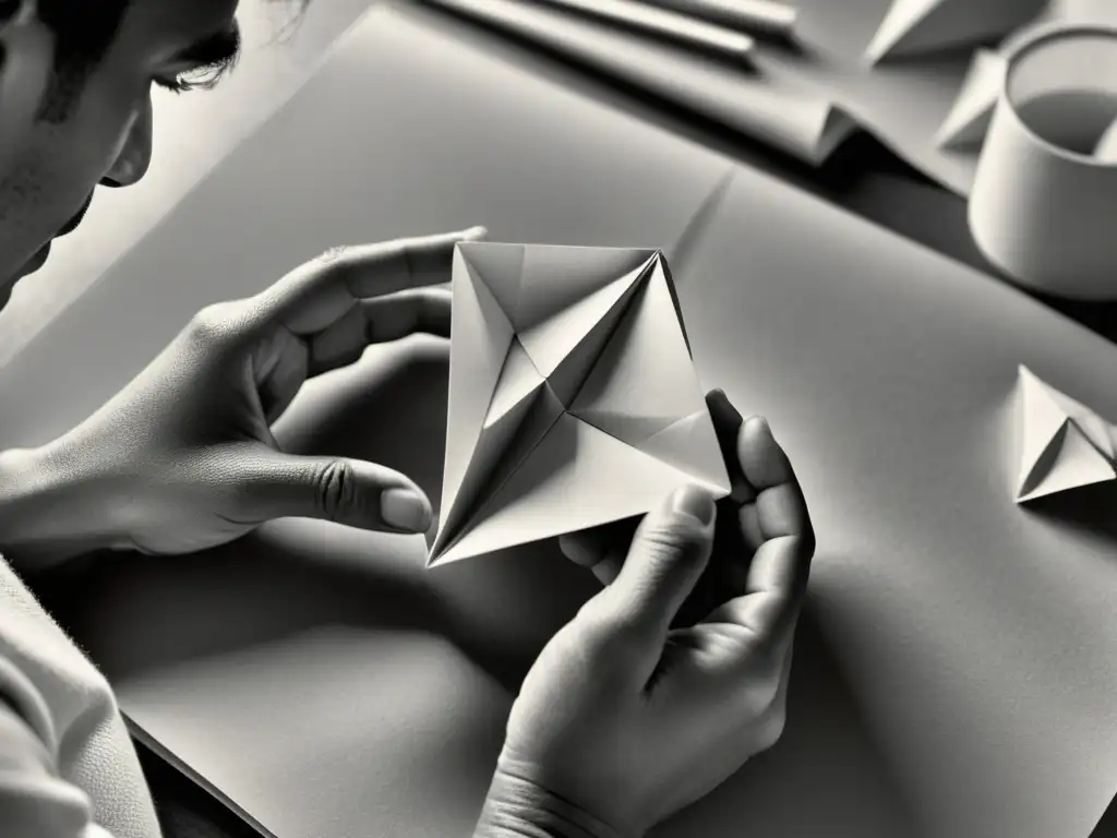 Un artista habilidoso crea una delicada obra de origami en una fotografía vintage en blanco y negro, destacando los orígenes y técnicas del origami