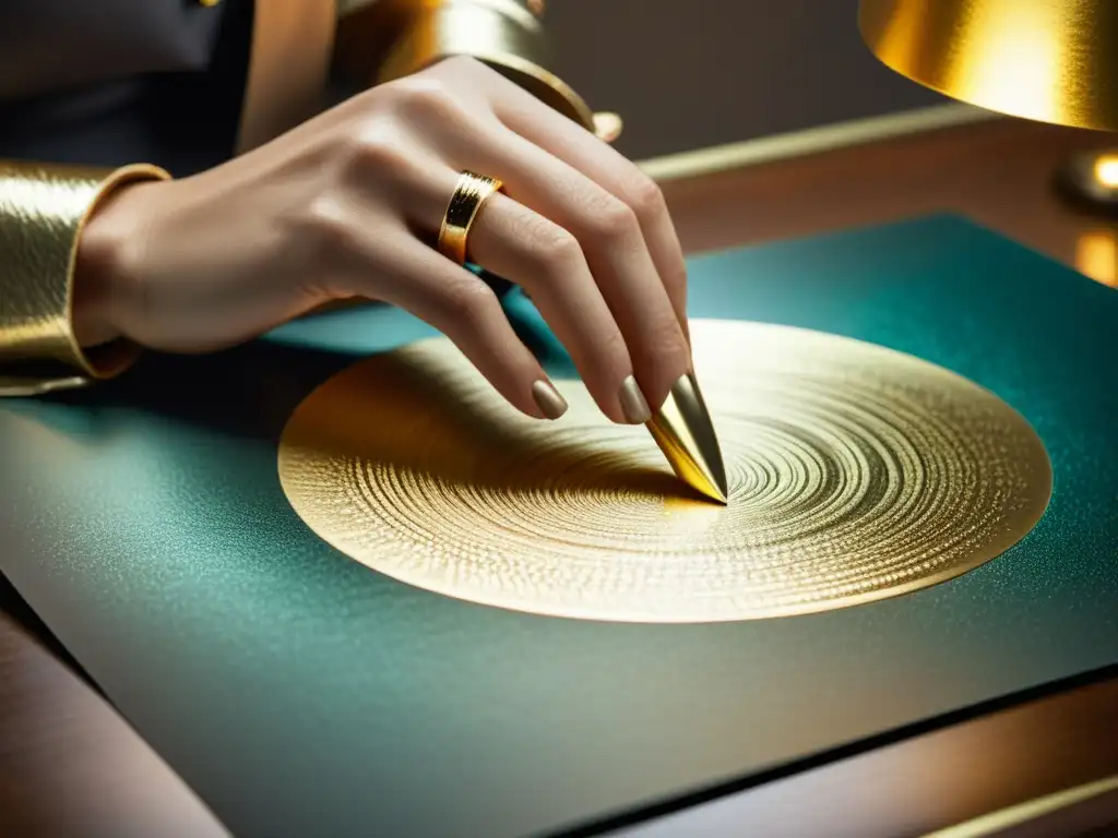 Artista aplicando delicadamente papel metálico a su obra de arte Un artista aplica delicadamente papel metalizado a una obra de arte, realzando sus colores y detalles con glamour y sofisticación