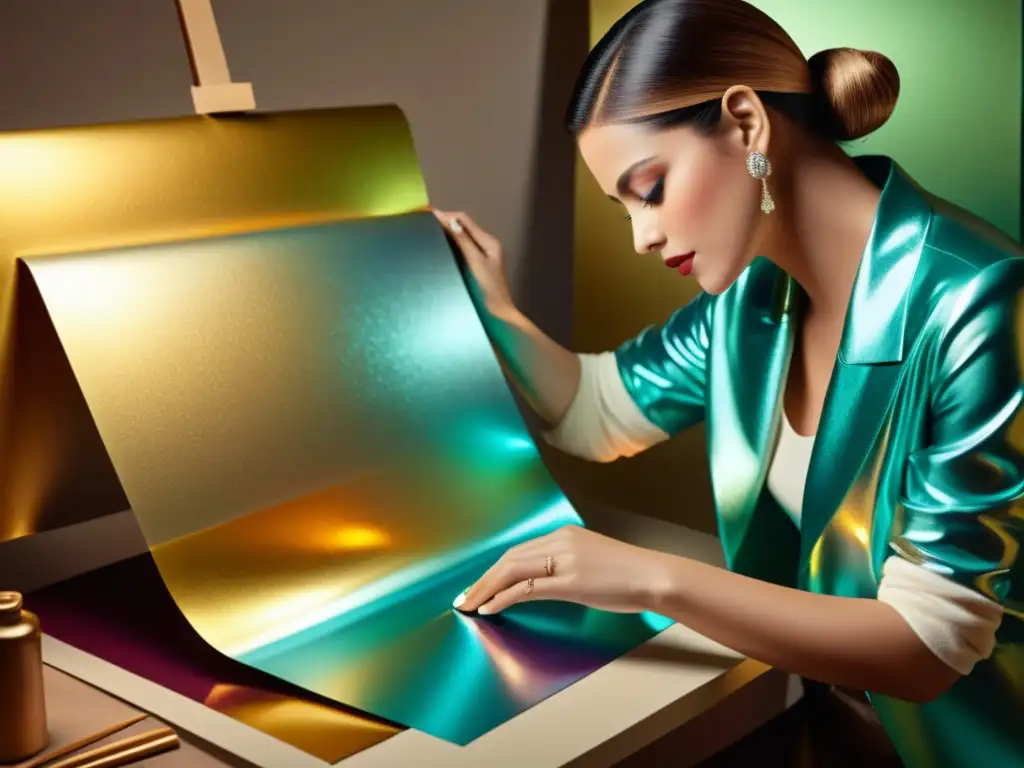 Artista experto crea obra de arte brillante con papel metálico Un artista aplica papeles metalizados en arte, rodeado de luz cálida y colores brillantes, creando una obra de arte glamorosa y nostálgica
