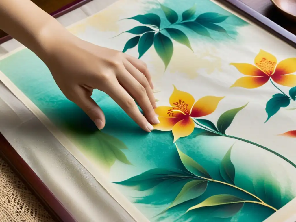 Un artista de la pintura oriental aplica capas de colores vibrantes en papel de arroz, capturando la fluidez y detalle de los trazos con maestría