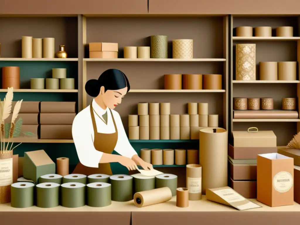 Artistas crafting empaques de papel en un taller vintage, evocando nostalgia y artesanía