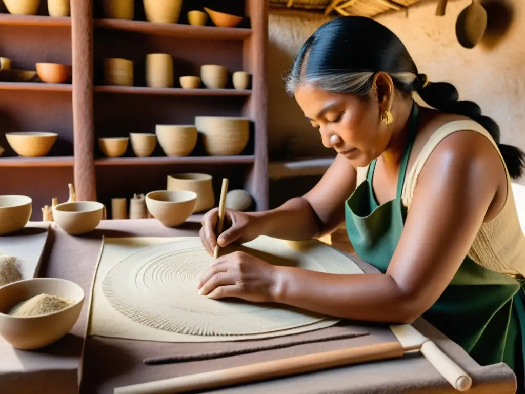 Artistas indígenas crean papel precolombino con tintes naturales en un taller iluminado suavemente