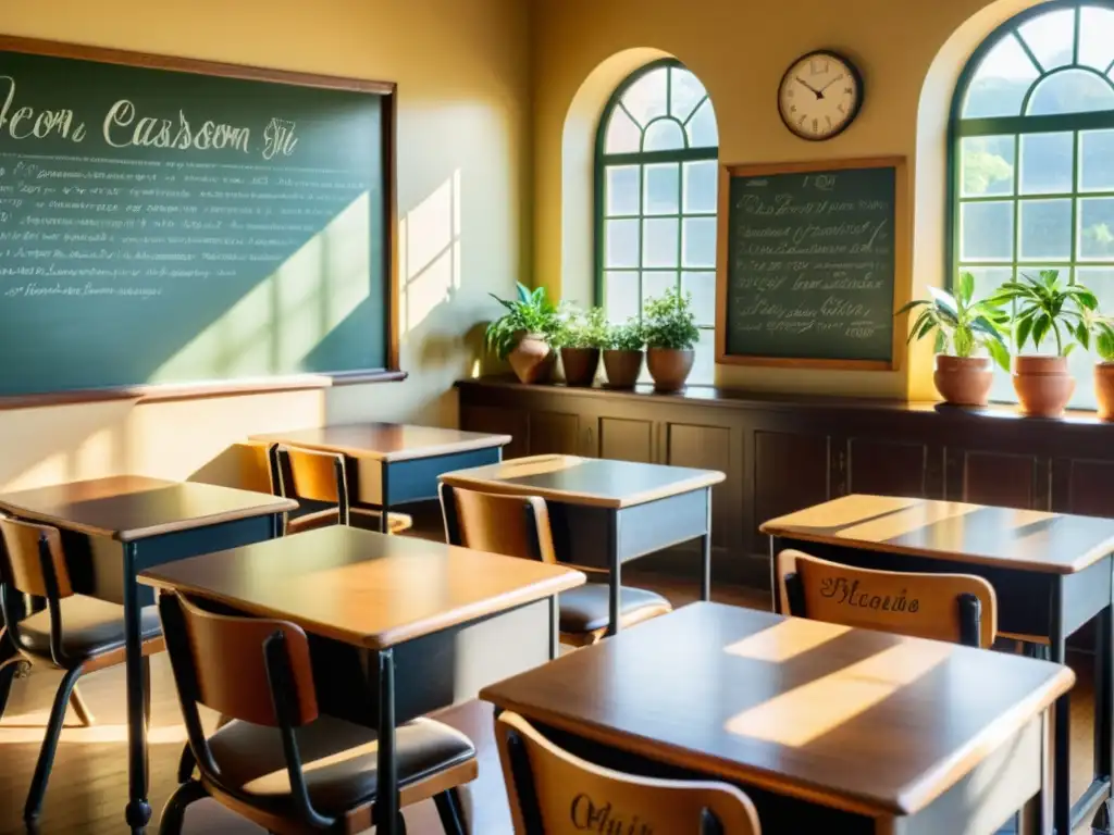 Una atmósfera nostálgica llena de luz dorada inunda un salón de clase vintage con muebles de madera, plantas y pósters educativos