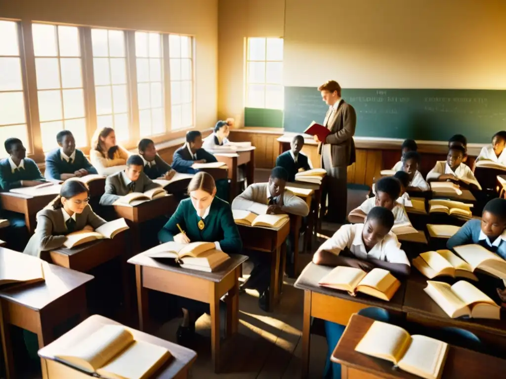 Una aula bulliciosa llena de estudiantes leyendo libros baratos, la luz del sol ilumina la escena